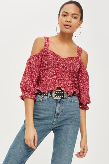Topshop Ditsy Ruched Cold Shoulder Top