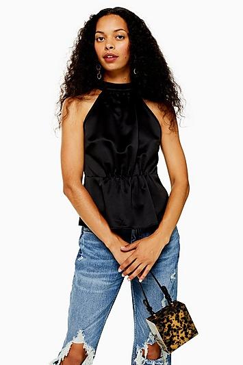 Topshop Petite Satin Bow Back Halter Neck Top