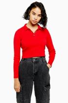 Topshop Petite Red Button Front Long Sleeve Polo