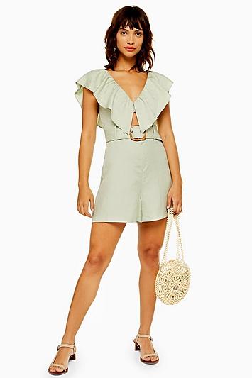 Topshop Riviera Mint Linen Blend Frill Romper