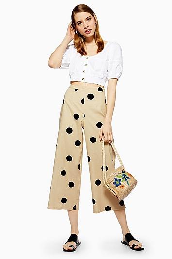 Topshop Linen Blend Polka Dot Wide Crop Trousers