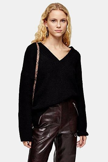Topshop Black Knitted Super Soft V Neck Jumper