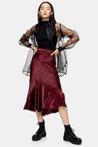 Topshop Burgundy Satin Flounce Midi Skirt