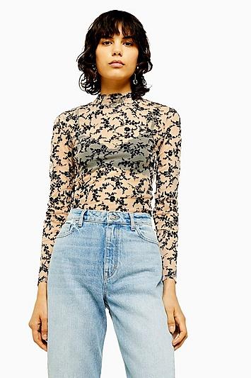 Topshop Idol Floral Flock Mesh Top