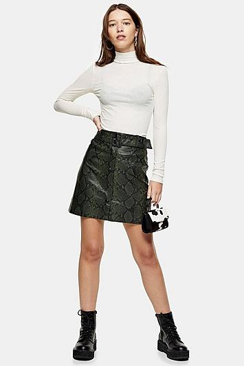 Topshop Dark Green Belted Snake Mini Skirt