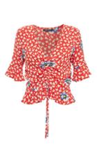 Topshop Red Floral Ruched Front Top