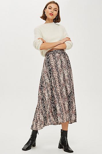 Topshop Petite Snake Print Pleat Midi Skirt