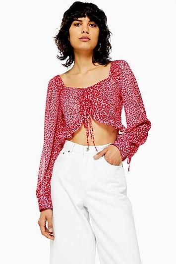 Topshop Pink Leopard Prairie Blouse