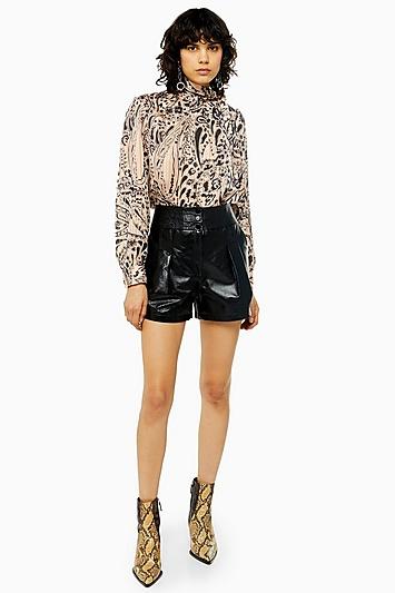 Topshop Black Topstitch Leather Shorts