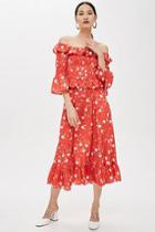 Topshop Shirred Floral Print Bardot Dress