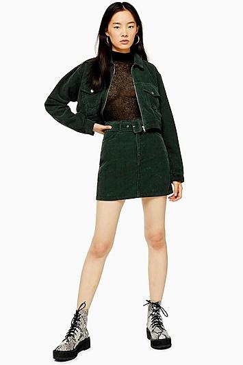 Topshop Green Corduroy Belted Skirt