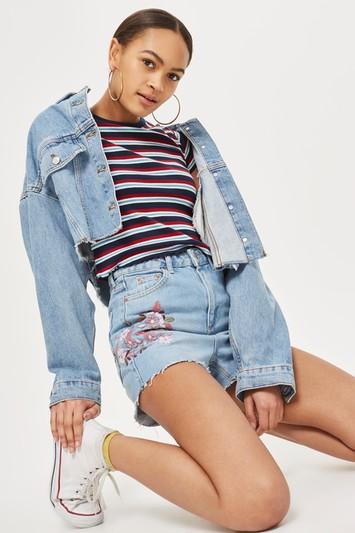 Topshop Moto Embroidered Floral Mom Shorts