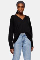 Topshop Knitted Black V Neck Jumper With Wool