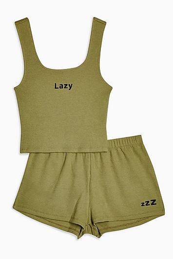 Topshop Khaki Lazy Embroidered Jersey Pyjama Set