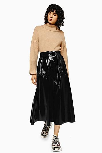 Topshop Black Full Circle Vinyl Midi Skirt