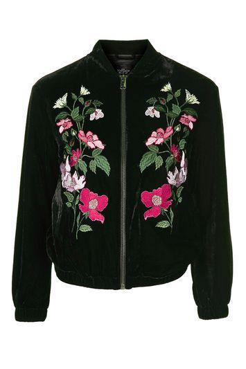 Topshop Tall Velvet Embroidered Bomber