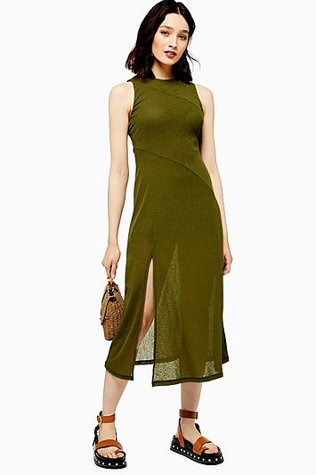 Topshop Khaki Sleeveless Mesh Midi Dress