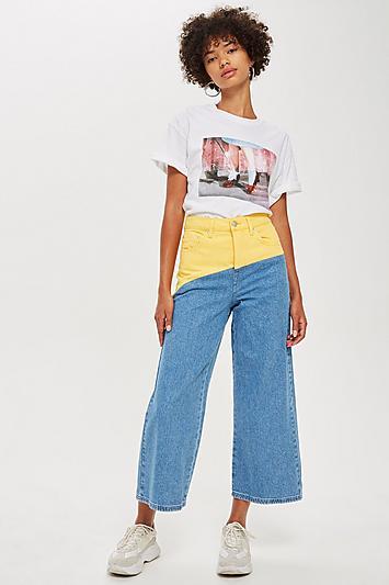 Topshop Colour Block Cropped Wide Leg Jeans