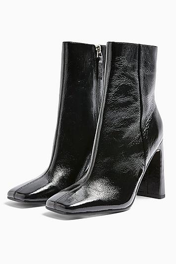 Topshop Halia Leather Black Square Toe Boots