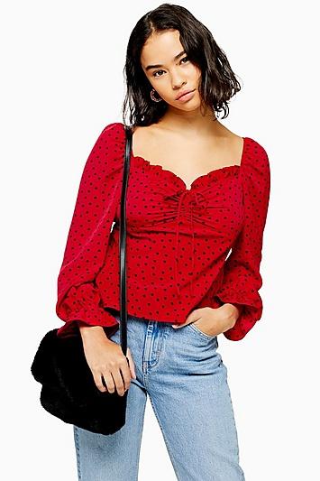 Topshop Petite Palermo Red Heart Print Long Sleeve Blouse