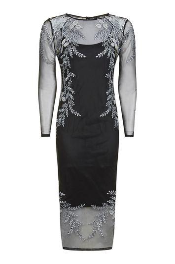 Topshop Long Sleeve Rose Embroidered Midi Dress
