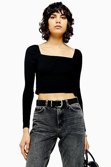 Topshop Black Long Sleeve Gathered Neck Top