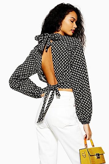 Topshop Open Back Top In Ditsy Print