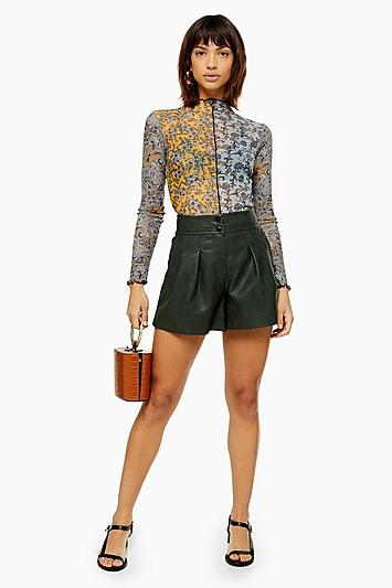 Topshop Green Topstitch Pu Shorts