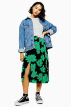 Topshop Petite Green And Black Floral Pleat Midi Skirt