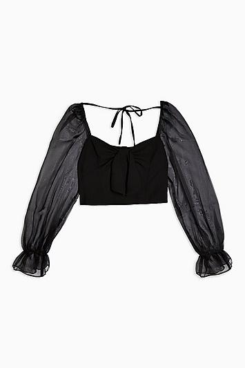 Topshop Tall Black Sheer Organza Long Sleeve Blouse