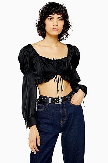 Topshop Black Frill Satin Prairie Top