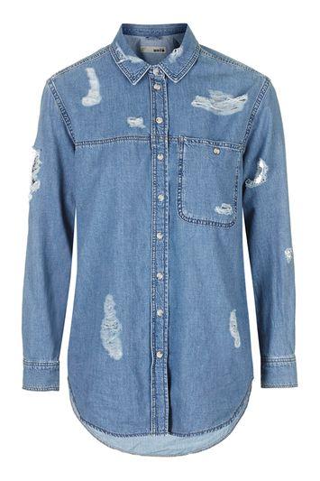Topshop Moto Rip Detailed Oversized Shirt