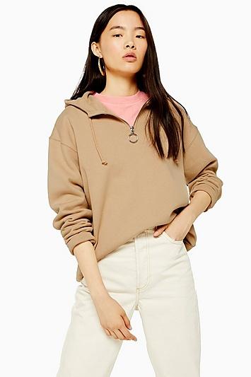 Topshop Stone Half Zip Hoodie