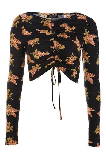 Topshop Ruched Long Sleeve Floral Top