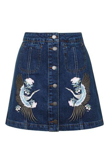 Topshop Moto Denim Embroidered Skirt