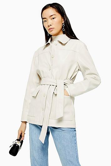Topshop Ecru Faux Leather Tie Shacket