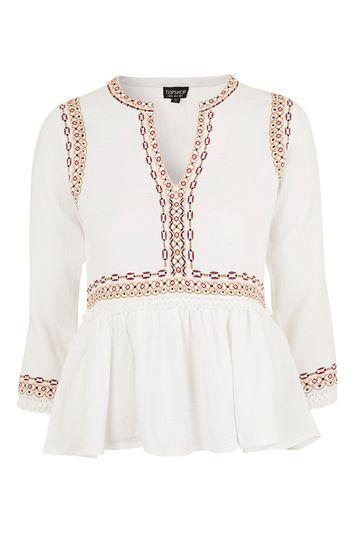 Topshop Embroidered Peplum Smock Blouse