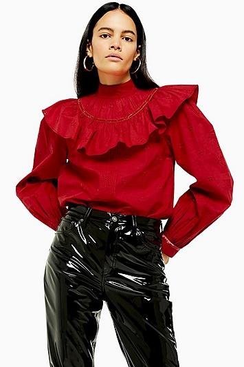 Topshop Red Yoke Pintuck Blouse