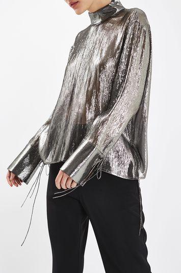 Topshop Metallic Open Back Blouse By Boutique
