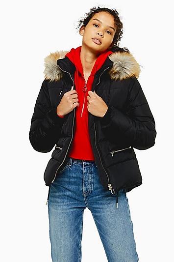 Topshop Detachable Faux Fur Hooded Puffer Jacket