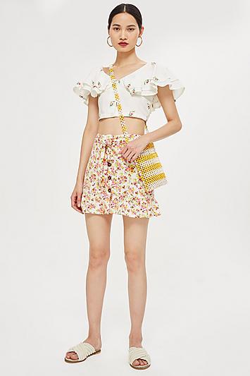 Topshop Tall Floral Tie Button Skirt