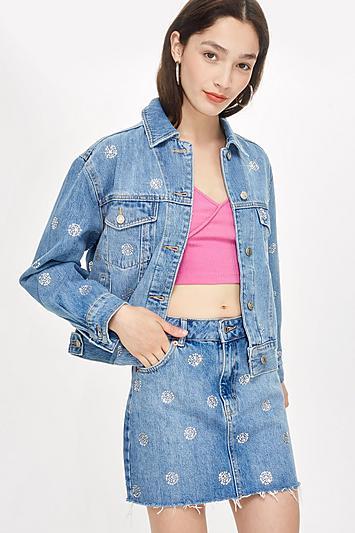 Topshop Diamante Polka Dot Denim Skirt