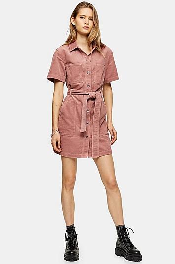 Topshop Pink Corduroy Short Sleeve Shirt Dress