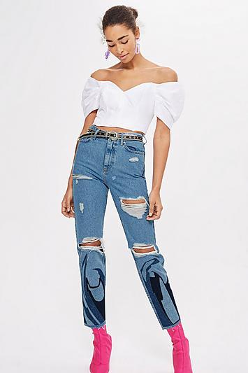 Topshop Flame Applique Mom Jeans