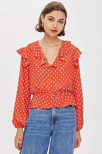 Topshop Frill Polka Dot Blouse