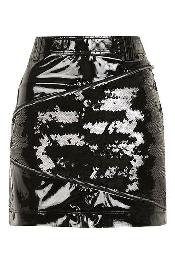 Topshop Vinyl Sequin Zip Mini Skirt