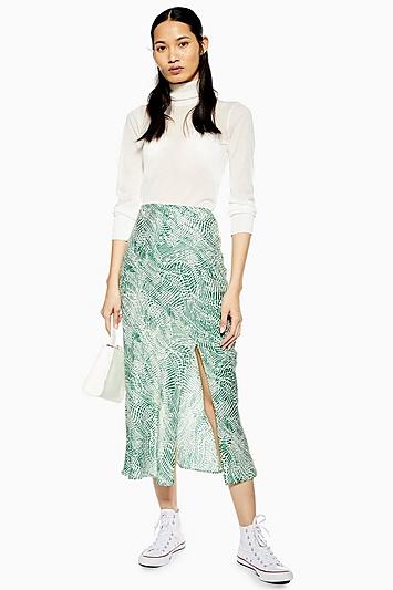 Topshop Tall Green Wavy Animal Satin Bias Skirt