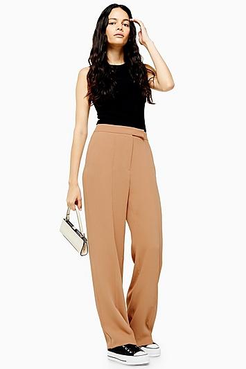 Topshop Camel Pintuck Wide Leg Trousers