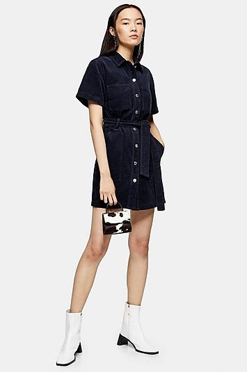 Topshop Navy Corduroy Short Sleeve Shirt Dress