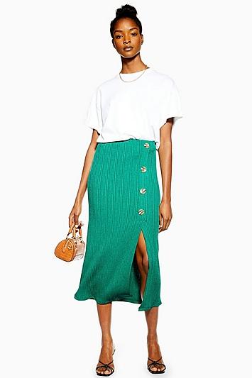 Topshop Green Button Ribbed Midi Skirt